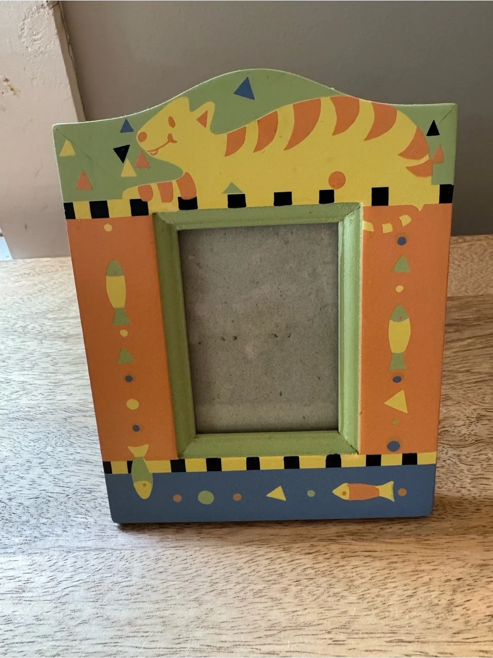 Whimsical Cat & Fish Painted Picture Frame - Orange and Green